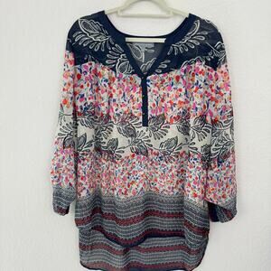 Daniel Rainn Womens Lightweight Blouse Top Size XL Floral Sheer Roll Tab Sleeve